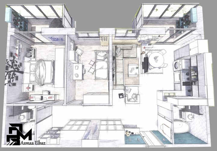 3d plan مسقط أفقى لشقة