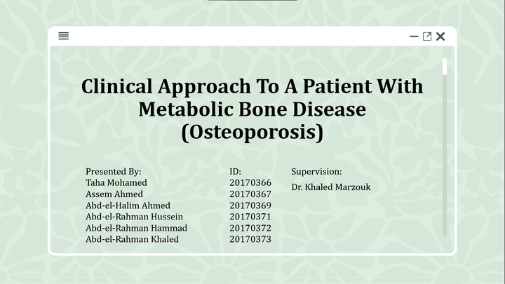 عرض تقديمي عن "Clinical approach to a patient with metabolic bone disease (Calcium Homeostasis)"