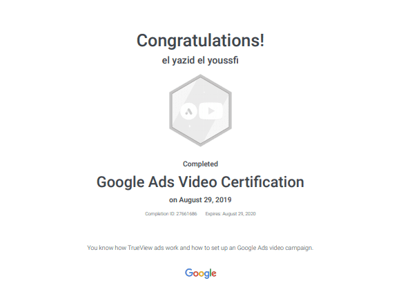 شهادة خبير معتمد ومؤهل من شركة جوجل في اعلانات الفيديو