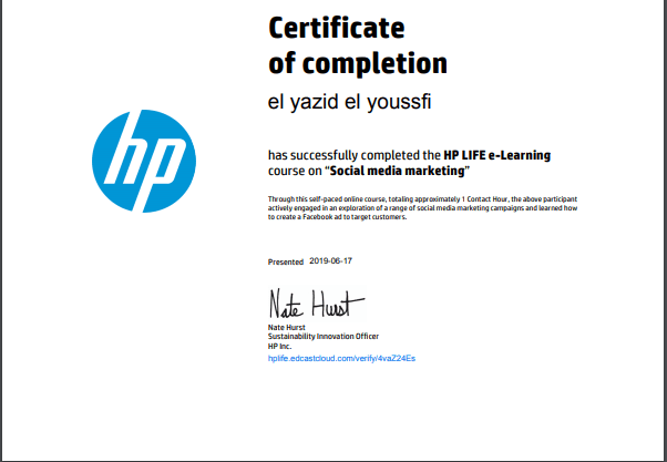 شهادة معتمدة من شركة HP في التسويق عن طريق وسائل التواصل الاجتماعي