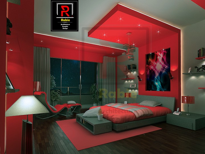 Modern bedroom with brown and red colour