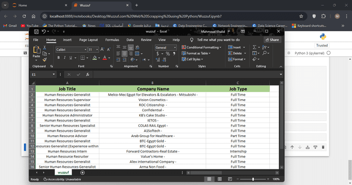 Wuzzuf.com - Web Scraping into Excel (.csv)