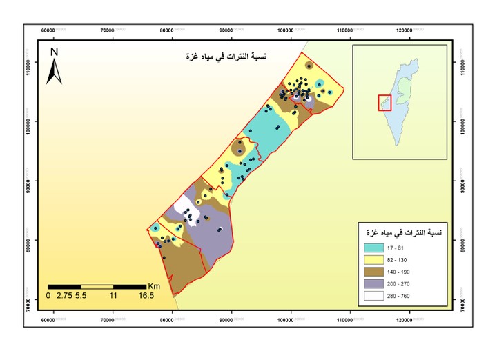 عمل تحليل لمعرفة نسبة النترات في خزان المياه الجوفية في قطاع غزة