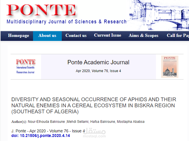 مقال علمي: DIVERSITY AND SEASONAL OCCURRENCE OF APHIDS AND THEIR NATURAL ENEMIES IN A CEREAL ECOSYSTEM IN BISKRA REGION (SOUTHEAST OF ALGERIA