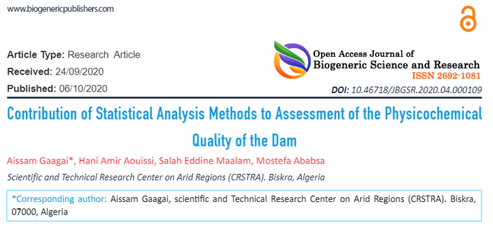 مقال علمي: Contribution of Statistical Analysis Methods to Assessment of the Physicochemical Quality of the Dam