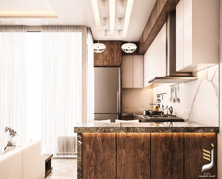 تصميمي لفراغ معيشة مع مطبخ مفتوح  ضمن مساحات صغيرة على الطراز #Modern   Living space with open kitchen.. (Modern Style)