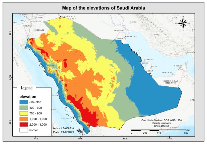 خريطة الارتفاعات في المملكة العربية السعودية