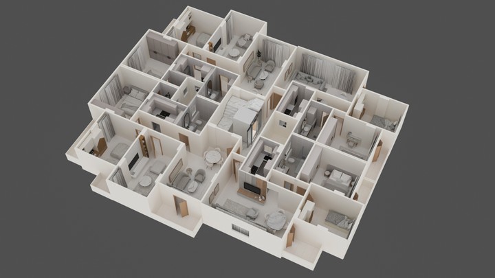 3d plan for 4 apartments