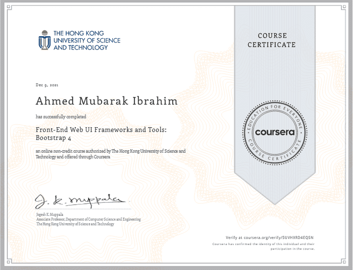 شهادة  lمعتمدة في مجال Front- End Web U I Frameworks and Tools: Bootstrap 4