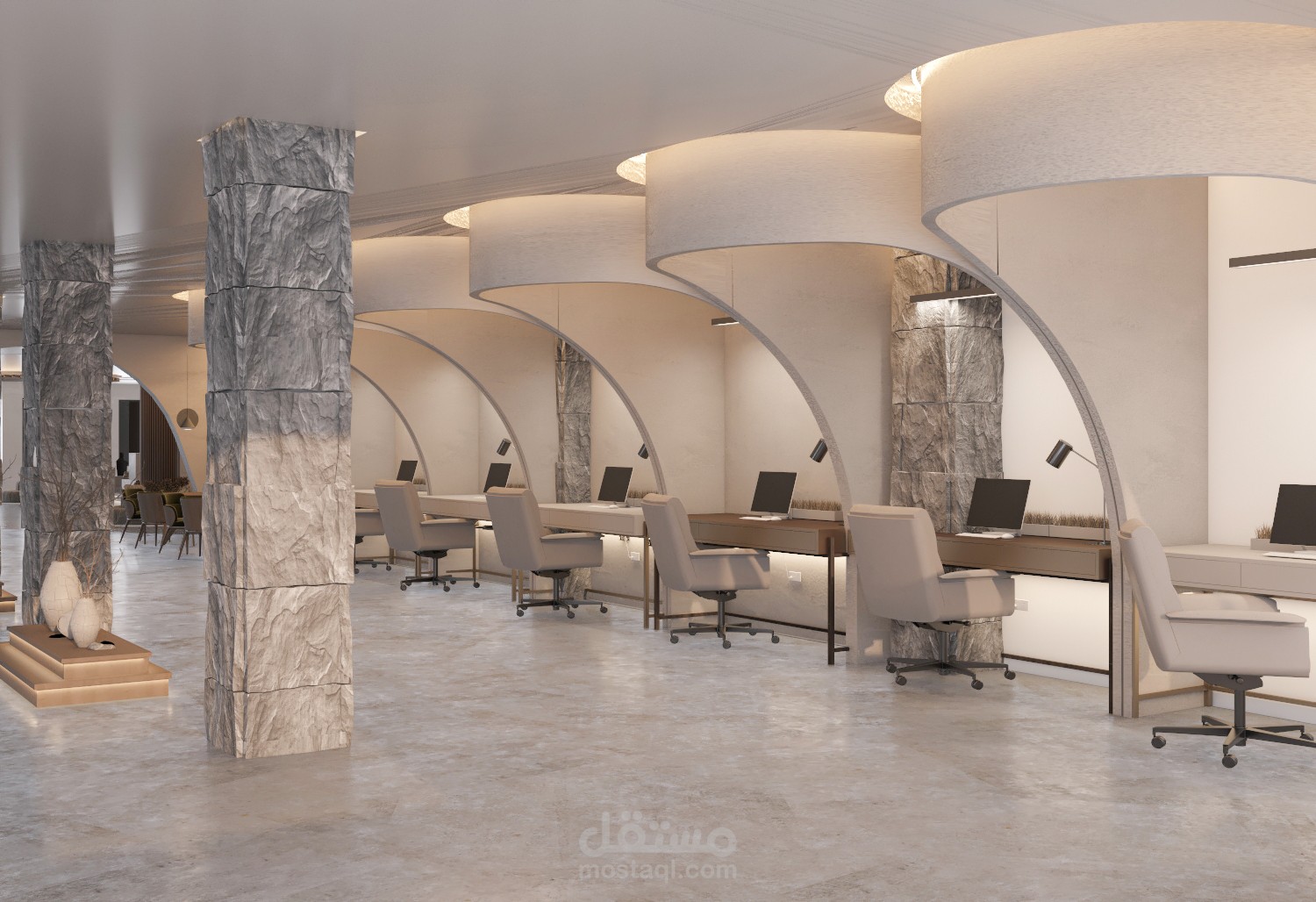تصميم داخلي عصري لمكتب عمل مشترك بأسلوب ديناميكي وأنيق