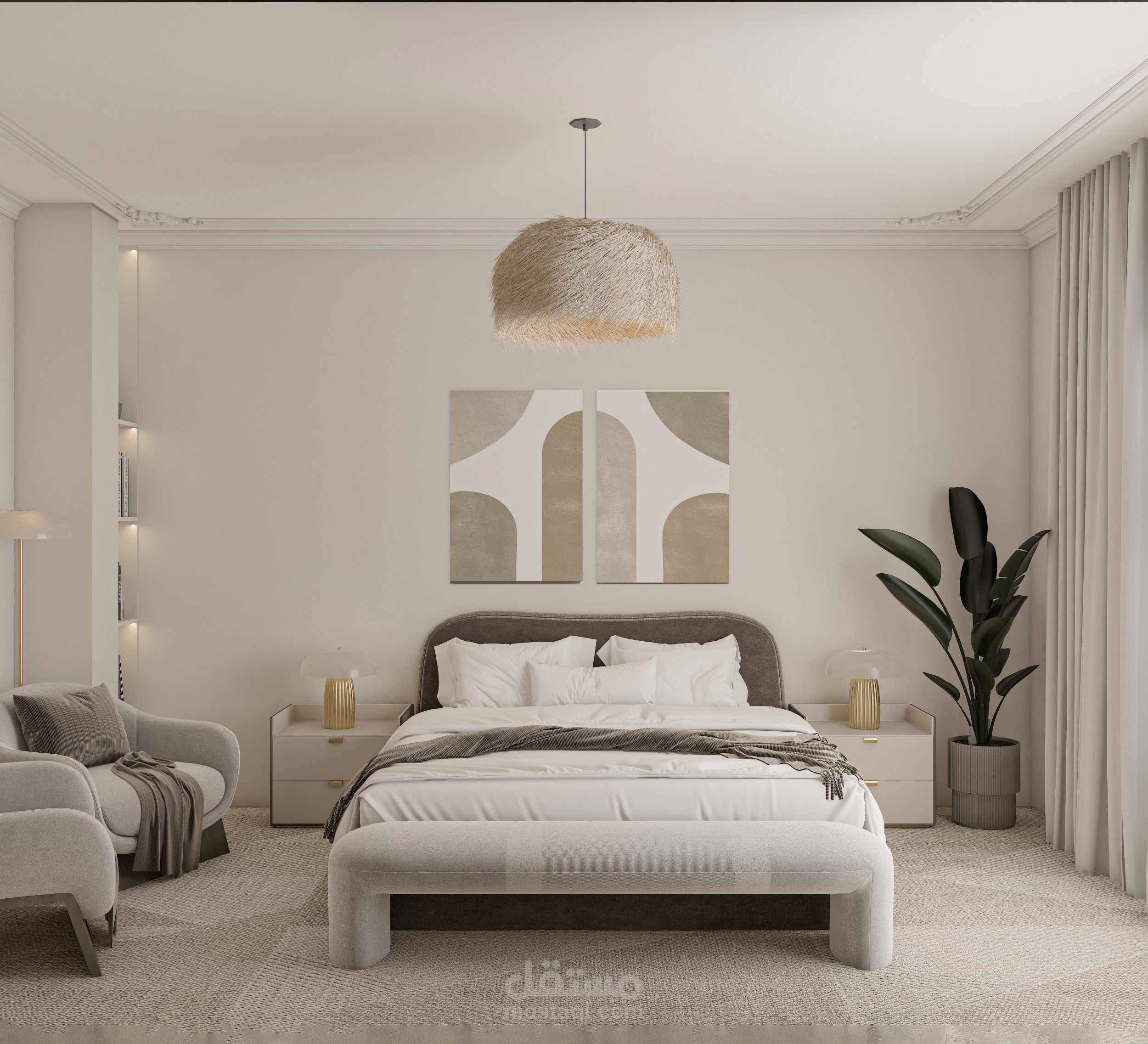 تصميم داخلي عصري بسيط - غرفة نوم رئيسية وغرفة معيشة