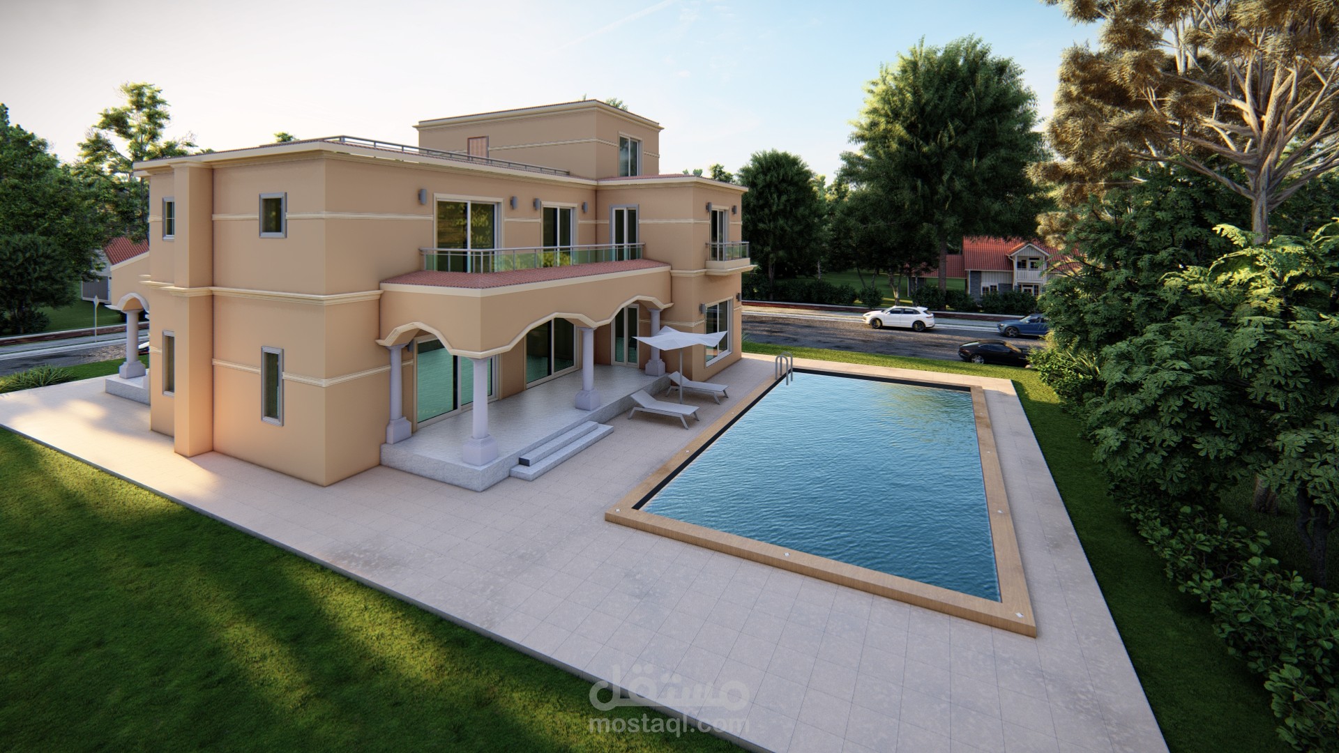 تصميم فيلا سكنية وعمل اخراج للوجهات الخارجية
