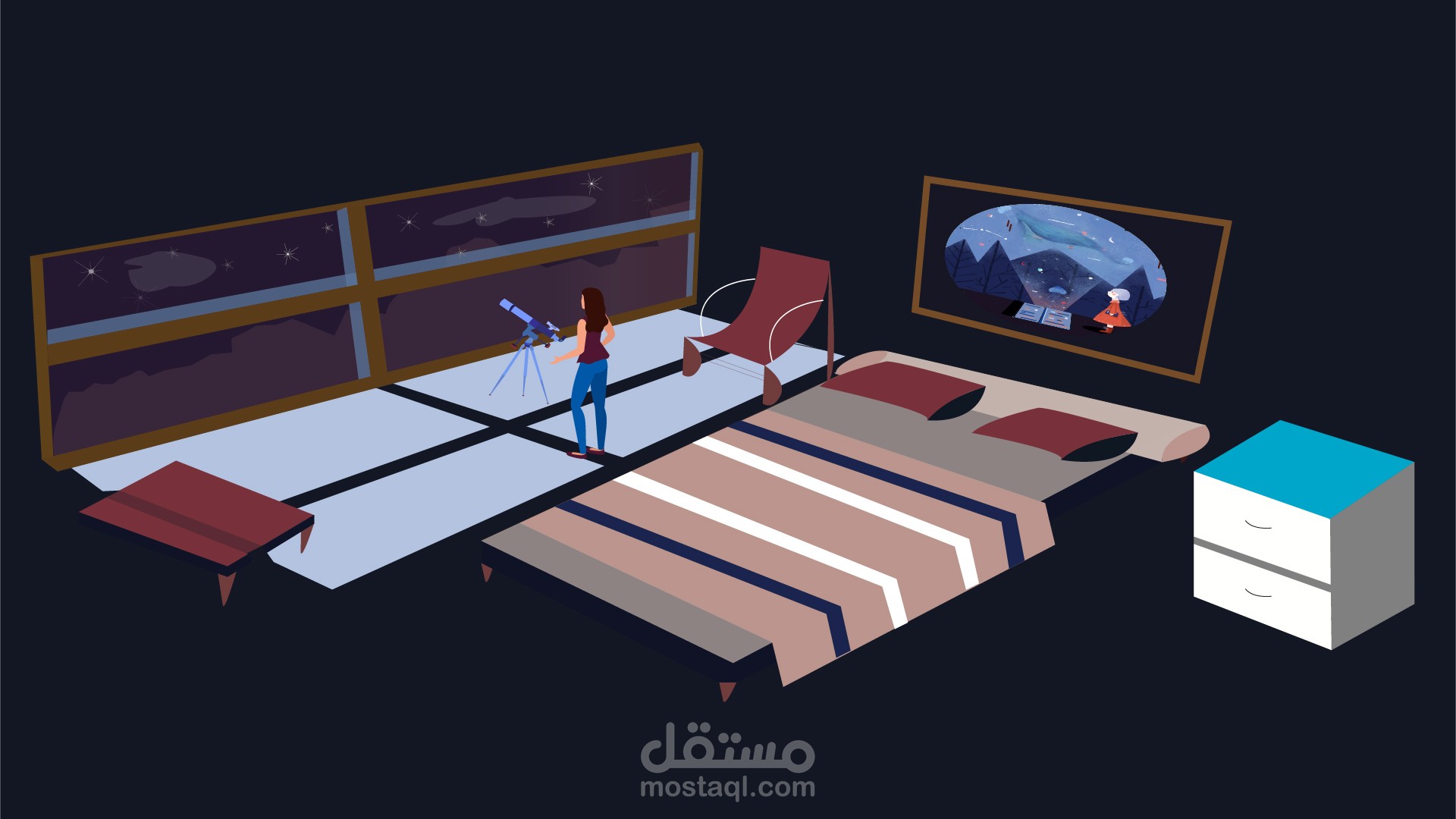 Room scene at night Adobe Illustrator speed art | مشهد الغرفه ليلا ادوبي اليستليتور رسم سريع