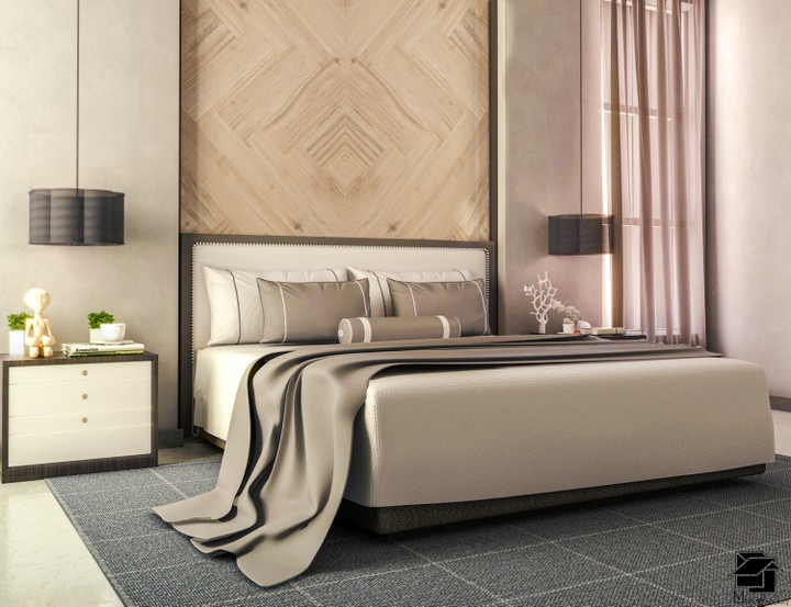 تصميم لغرفة نوم بألمانيا مع جدارية خشبية بشكل open book