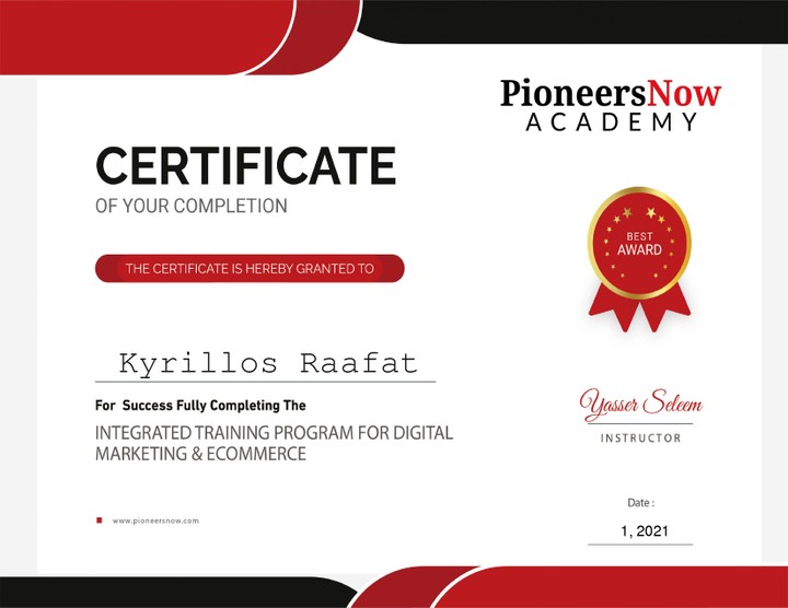 اجتيازي البرنامج التدريبي المتكامل في التسويق الإلكتروني والتجارة الإلكترونية من أكاديمية Pioneers Now