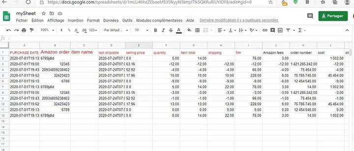 برنامج معالجة بيانات (طلبات شراء من موقع أمازون) google spreadsheets
