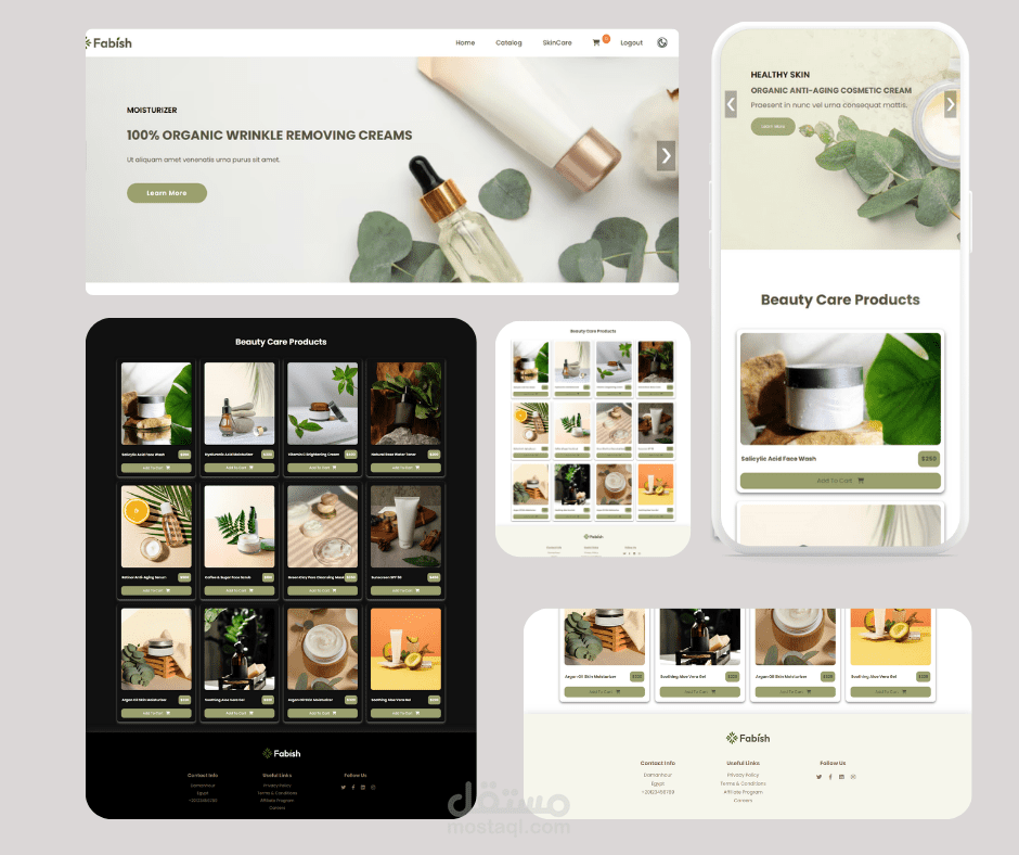 موقع لعرض منتجات Skin Care مع تسجيل دخول وAPI وسلة مشتريات (HTML/CSS/JS)