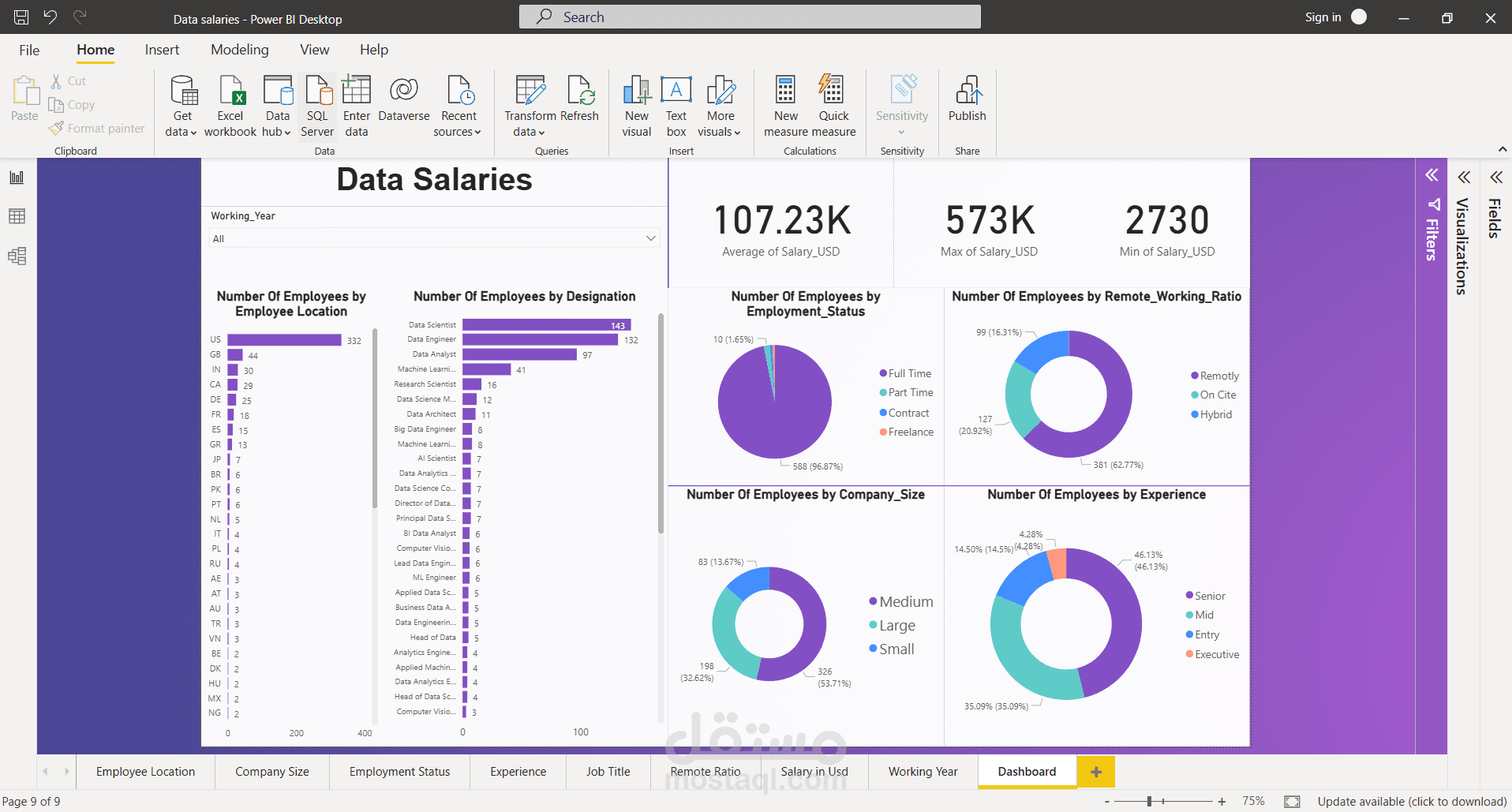 تحليل مرتبات وظائف مجال تحليل البيانات حسب الخبرة والمجال ونوع العمل باستخدام Power BI