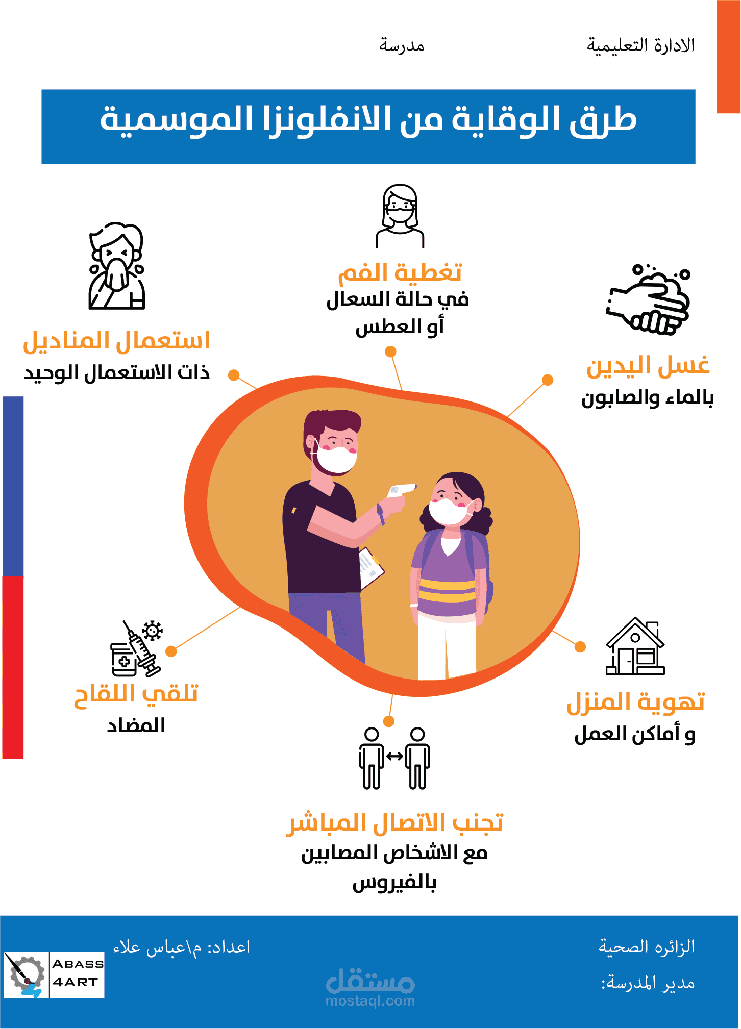بوستر توعوي مدرسي حول طرق الوقاية من الإنفلونزا الموسمية