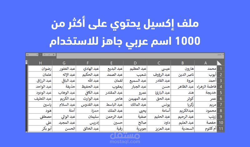 ملف إكسيل يحتوي على أكثر من 1000 اسم عربي جاهز للاستخدام