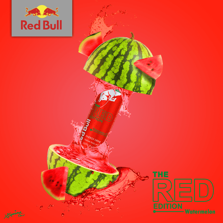 تصميم إعلان لشركة redbull عن منتجهم الجديد the watermelon red edition can