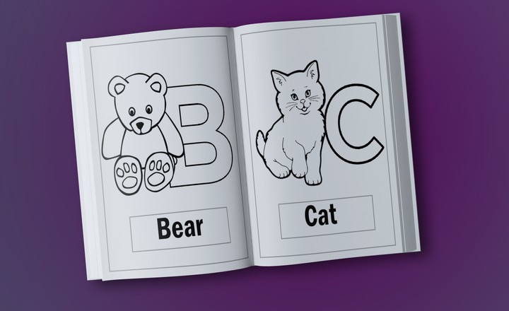 تصميم كتاب تلوين وتعليم الحروف الإنجليزية وأسماء الحيوانات للأطفال