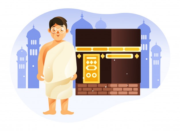 Kid in front of kaaba mecca wearing ihram in islam pilgrimage hajj Premium Vector