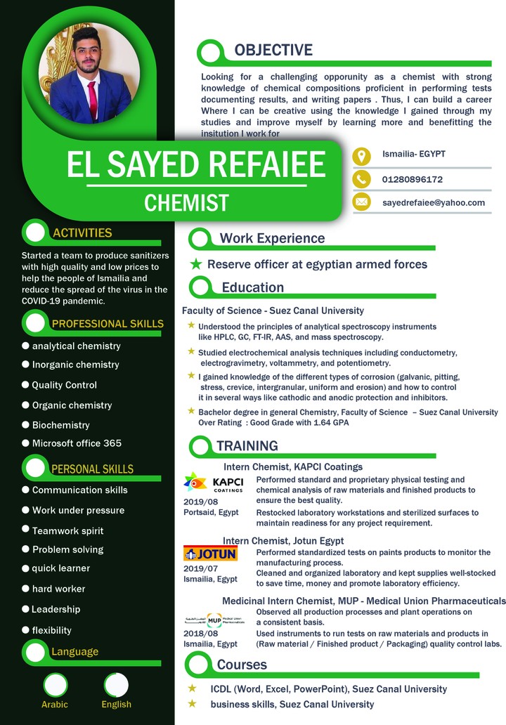 تصميم سيرة ذاتية  CV لكيميائي