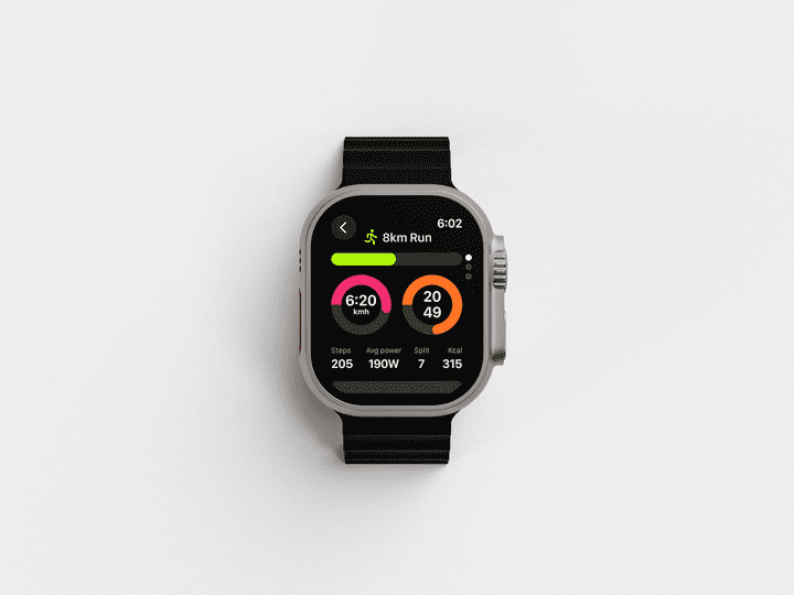 Smartwatch running app interface with stats | واجهة تطبيق الركض على الساعة الذكية مع الإحصائيات