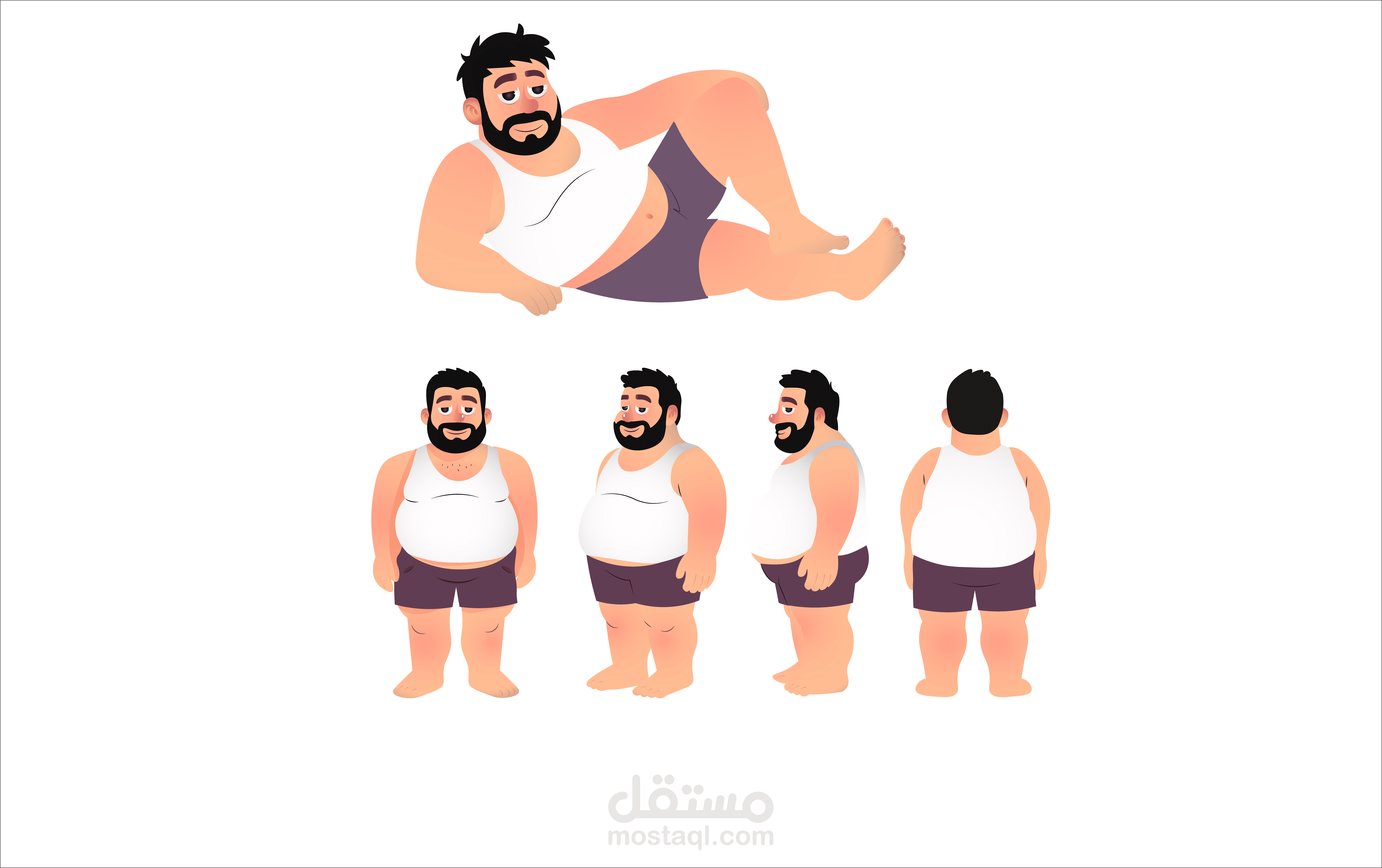 تصميم شخصية كرتونية كاملة مع Turnaround من جميع الجوانب، بأسلوب كارتوني مميز وألوان متناسقة. جاهزة للاستخدام في الموشن جرافيك، القصص المصورة أو الألعاب ثنائية الأبعاد.