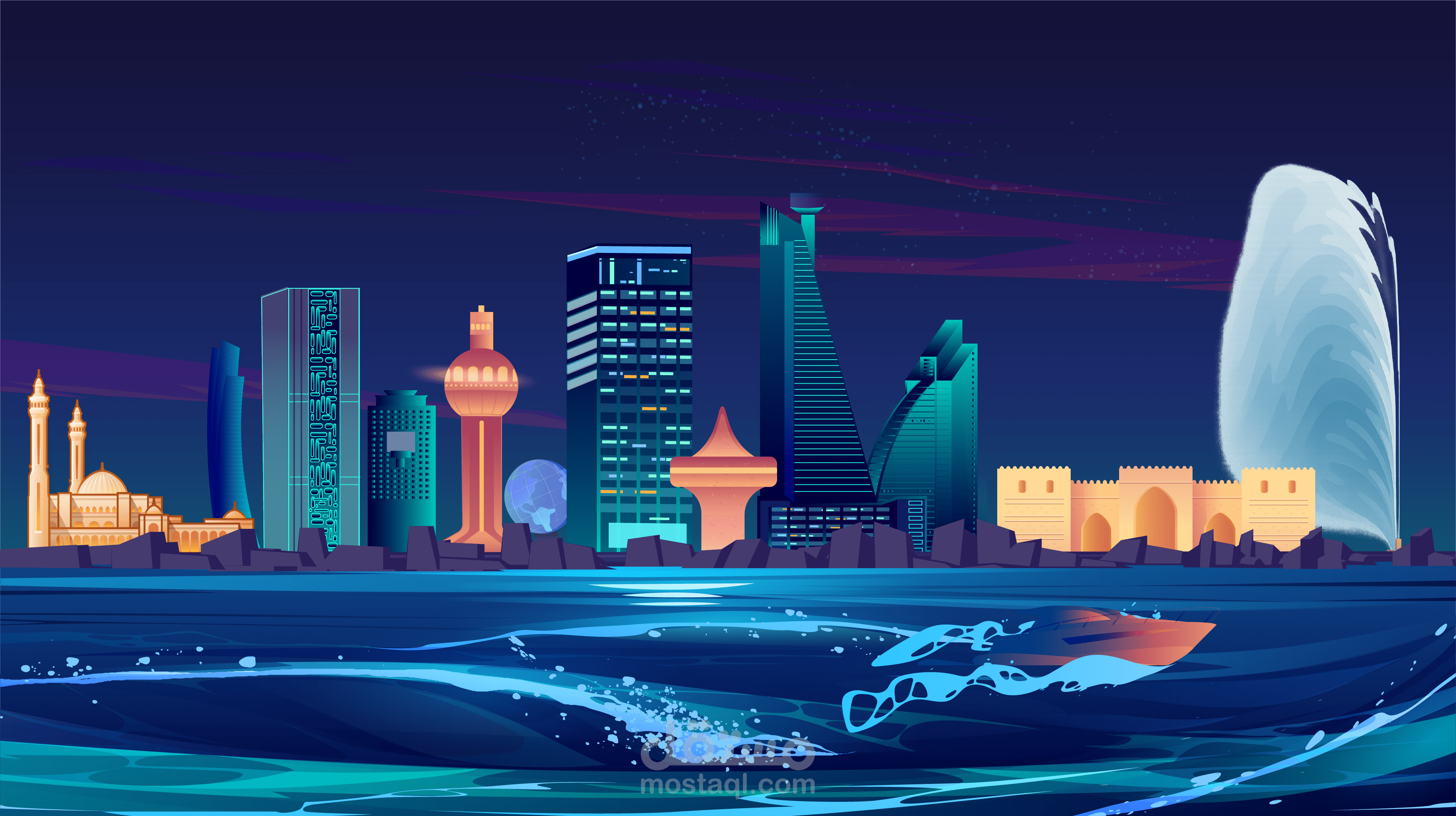 تصميم مشهد سنيمائي (Landscape Illustration) لمدينة جدة بأسلوب فني معاصر يعتمد على الـ Vector Art والوان نيون.