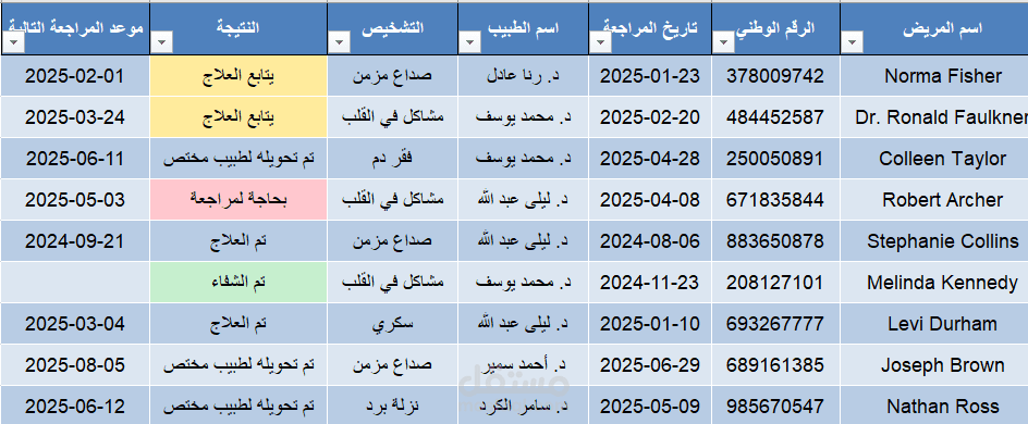 إدخال وتنظيم بيانات مراجعات طبية في ملف Excel بشكل منسق واحترافي