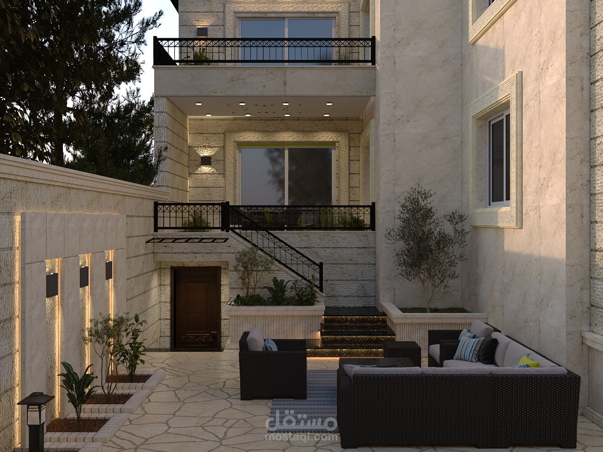 تصميم لفناء خارجي وحديقة خلفية لمنزل