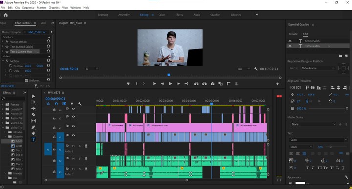 لقطة شاشة من واجهة برنامج Adobe premiere pro لمونتاجي لفيديو Youtube