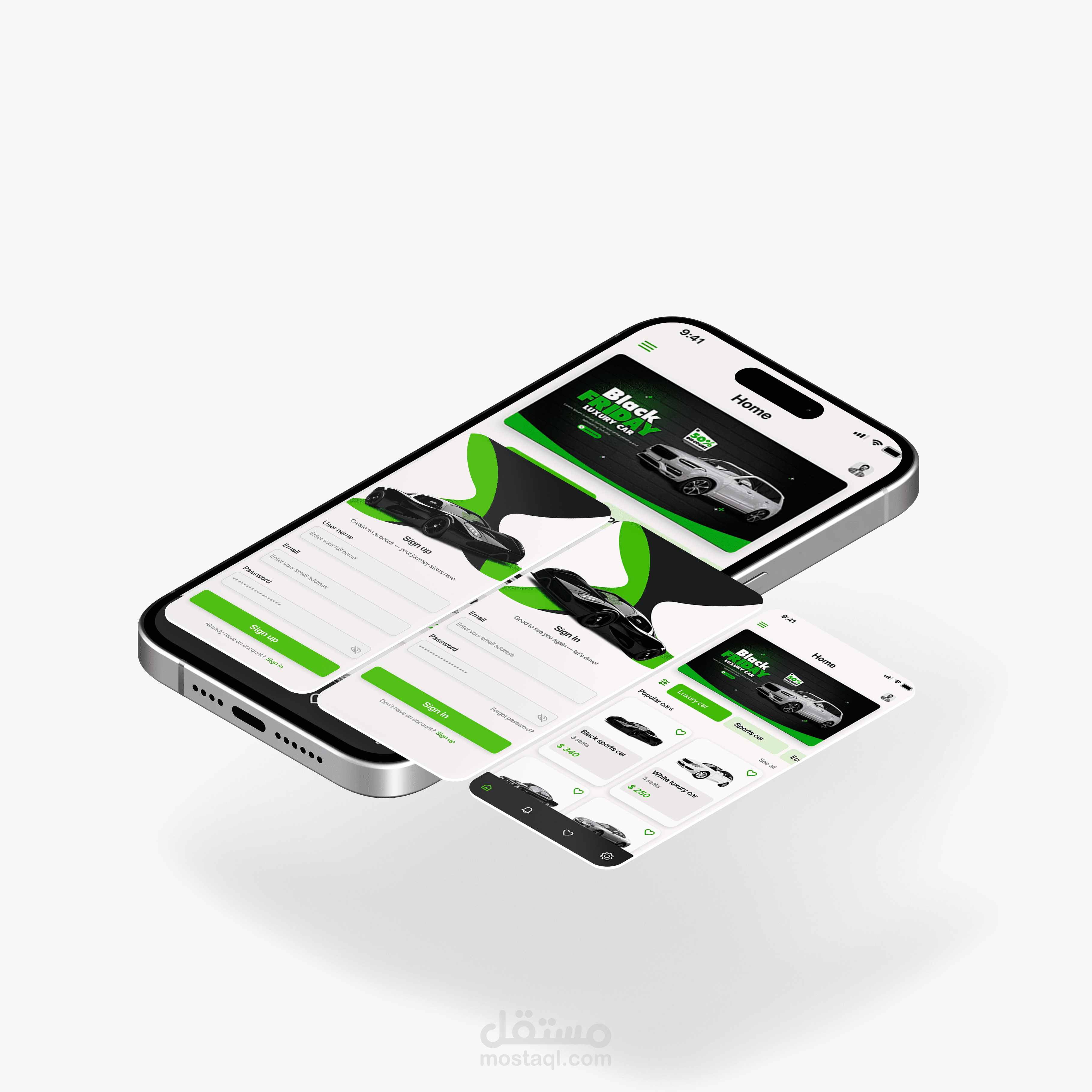 تصميم واجهة مستخدم عصرية لتطبيق تأجير السيارات (Car Rental App)
