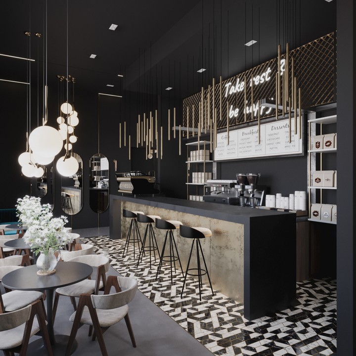 Cafe design(black and gold)-تصميم كافيه في مدينتي