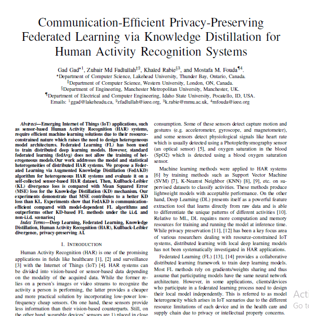 Communication-Efficient Privacy-Preserving Federated Learning via Knowledge Distillation for Human Activity Recognition Systems