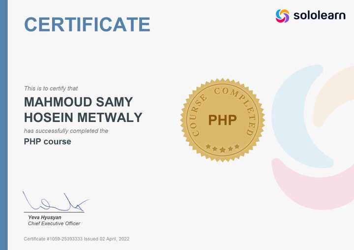 php certifecation from sololearn