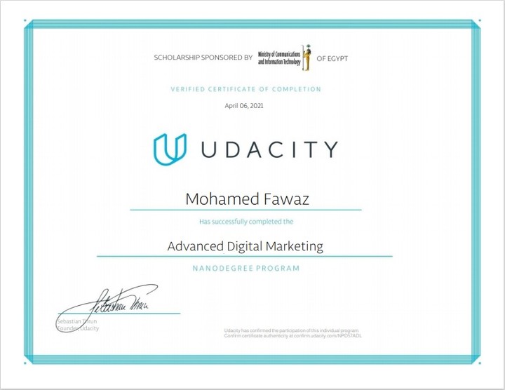 Digital Marketing Nano Degree Certificate