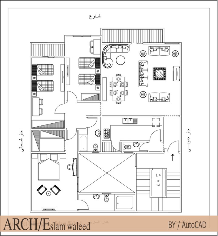 تصميم عمارة سكنية على مساحة 160 متر مسطح محاطه بثلاث جيران