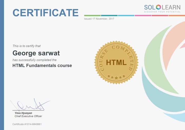 شهادة اتمام كورس Html في مجال تطوير الويب من شركة SoloLearn الاميركية