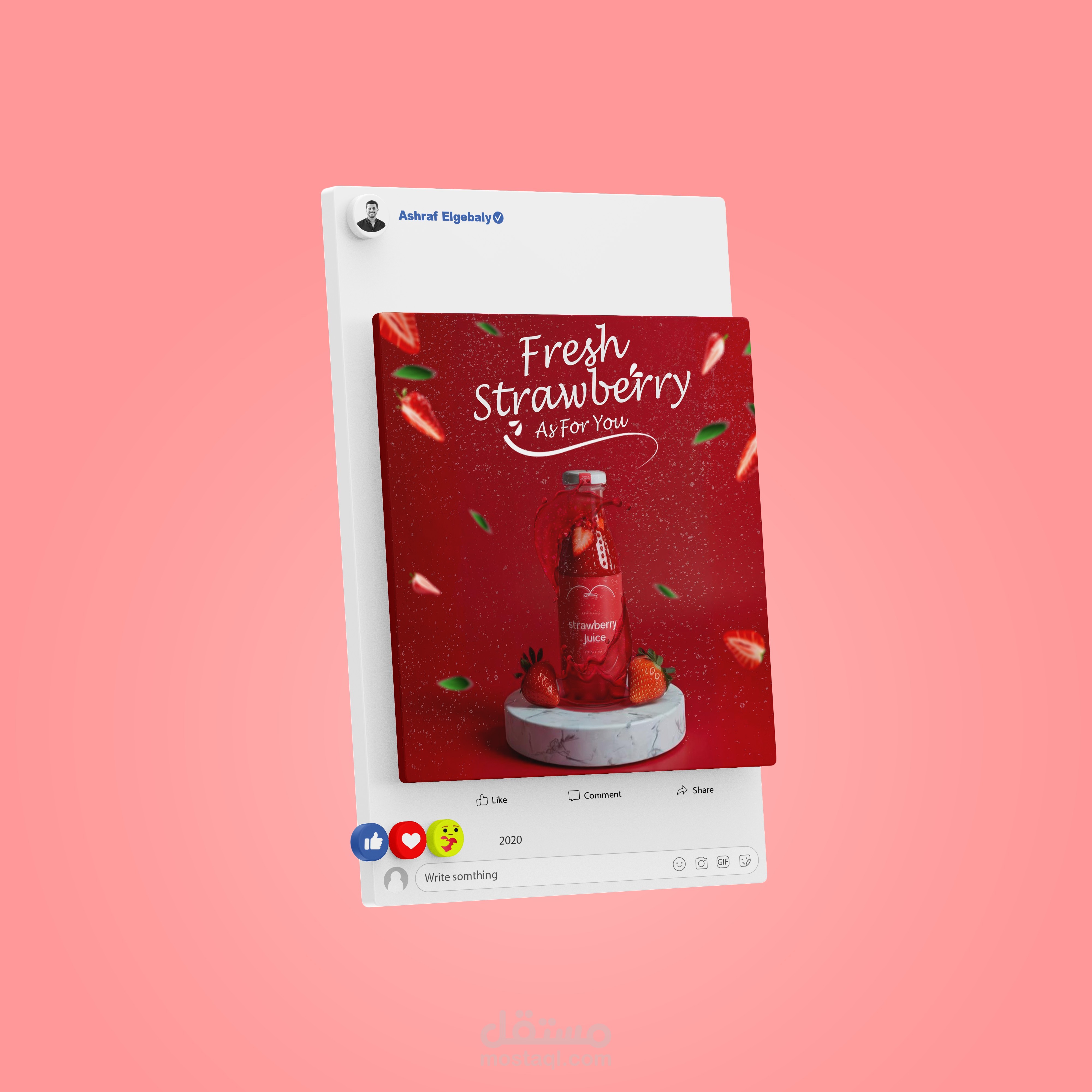 تصميم منشور سوشيال ميديا لعصير فراولة طبيعي