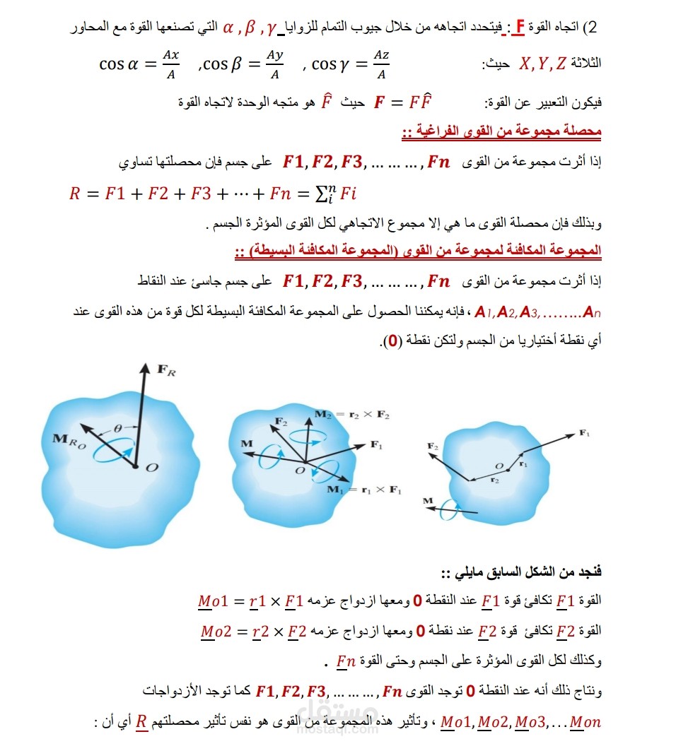 بحث في قسم الاستاتيكا للقوى الفراغية ومحصلتها