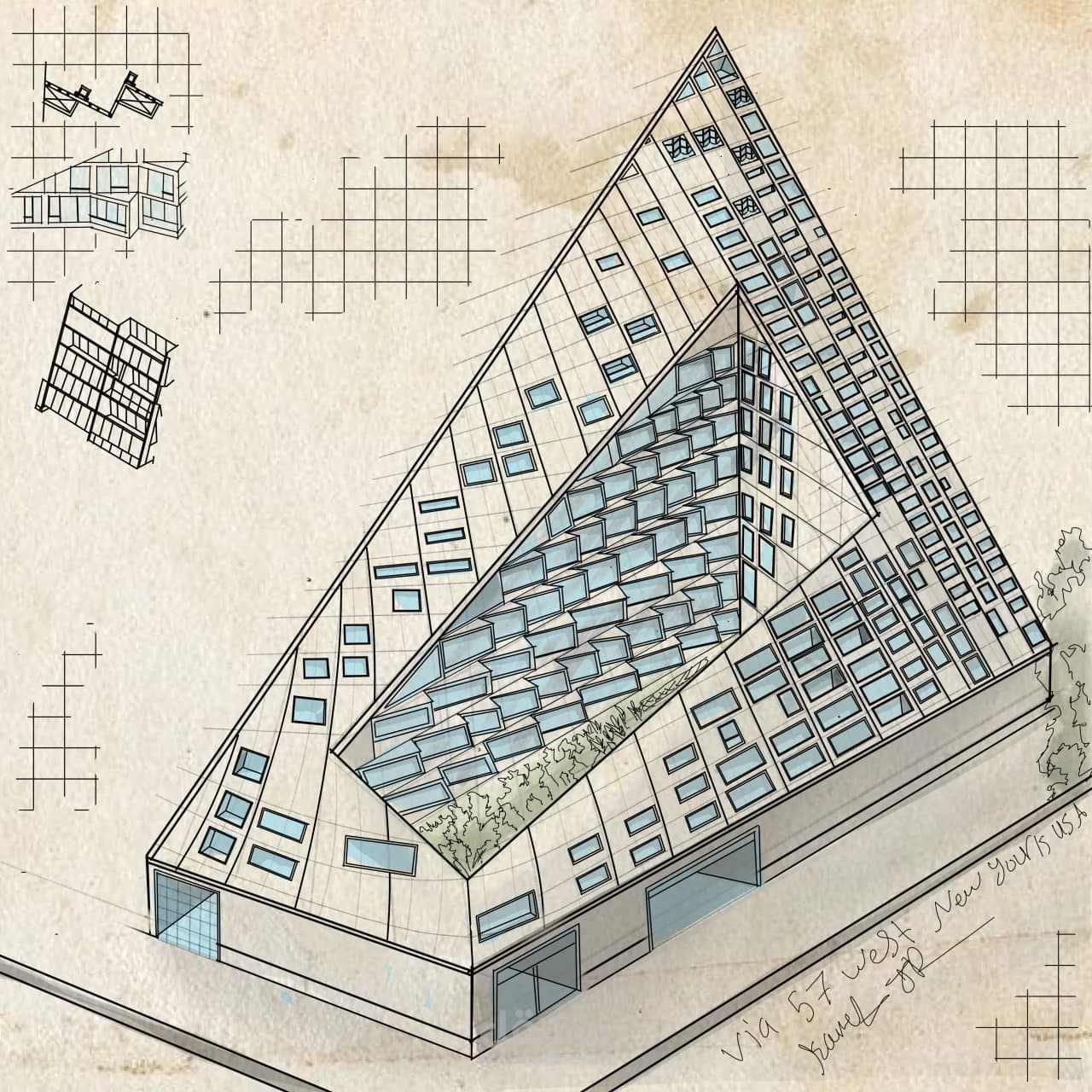 رسم يدوي علي الايباد لمبني via 57 مع اظهار الفكره المعماريه
