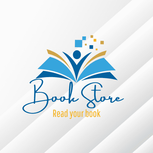 شعار متجر الكتب باللون البرتقالي والأزرق blue orange book store logo