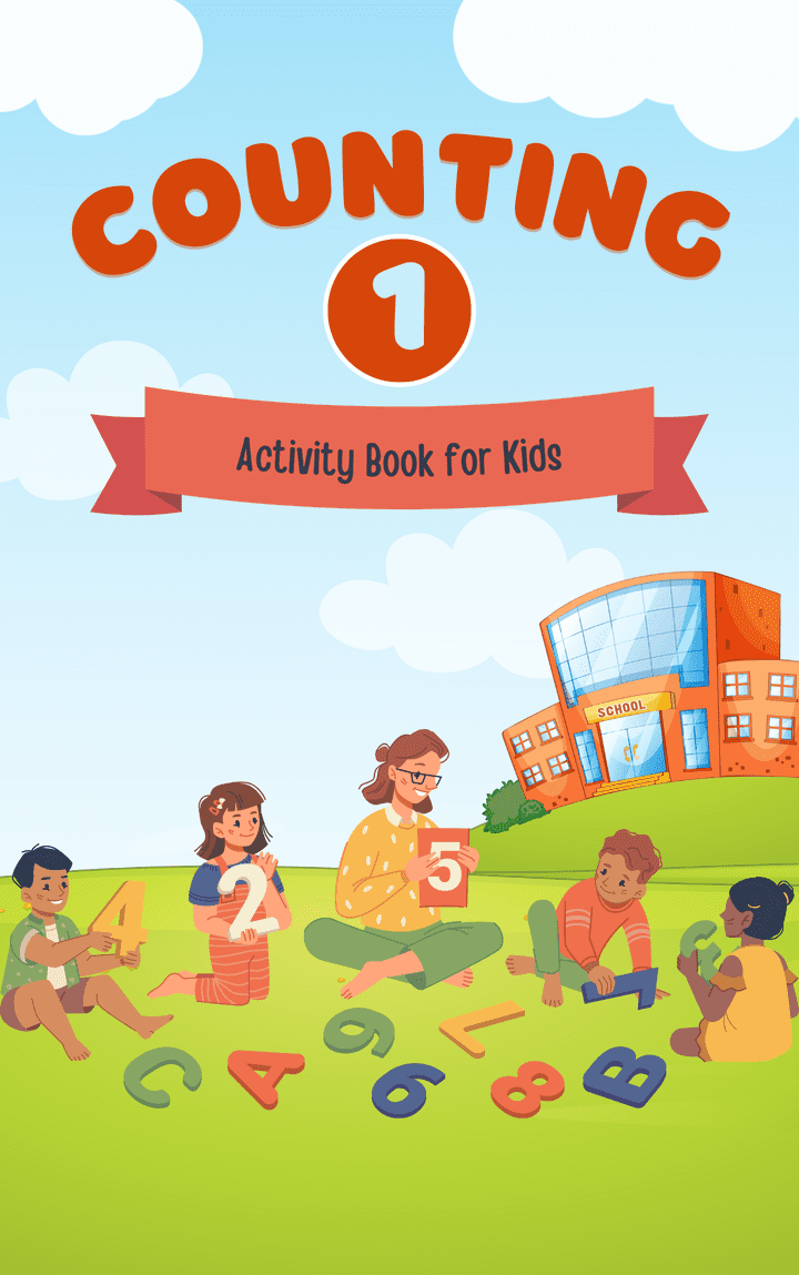 تصميم غلاف كتاب نشاط الحساب للأطفال بالأزرق والبرتقالي Blue and Orange Illustration Kids Count Activity Book Cover