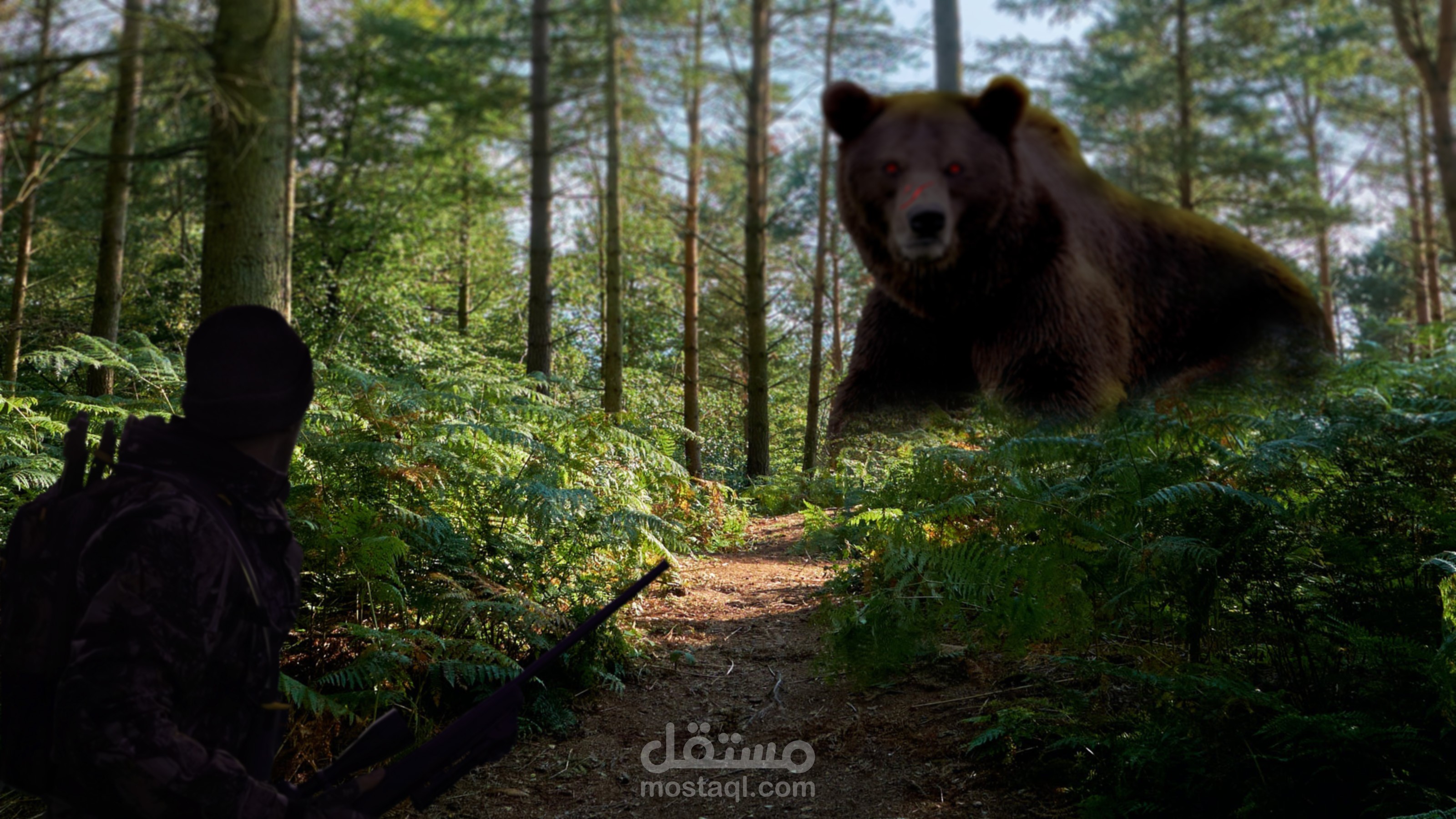 A huge bear looks at a human in the forest