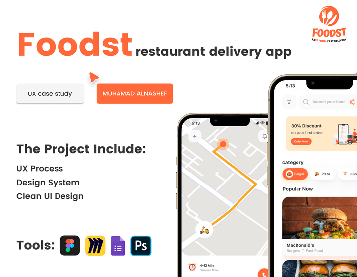 تصميم تجربة وواجهات المستخدم لتطبيق "فودست" لتوصيل الطعام | FOODST resturant delivery app (Ux Desgin)