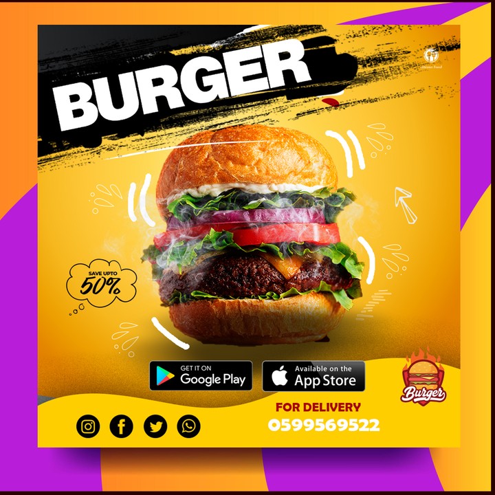 تصميمي لمطعم Burger إعلان لصفحة social media دقة عالية