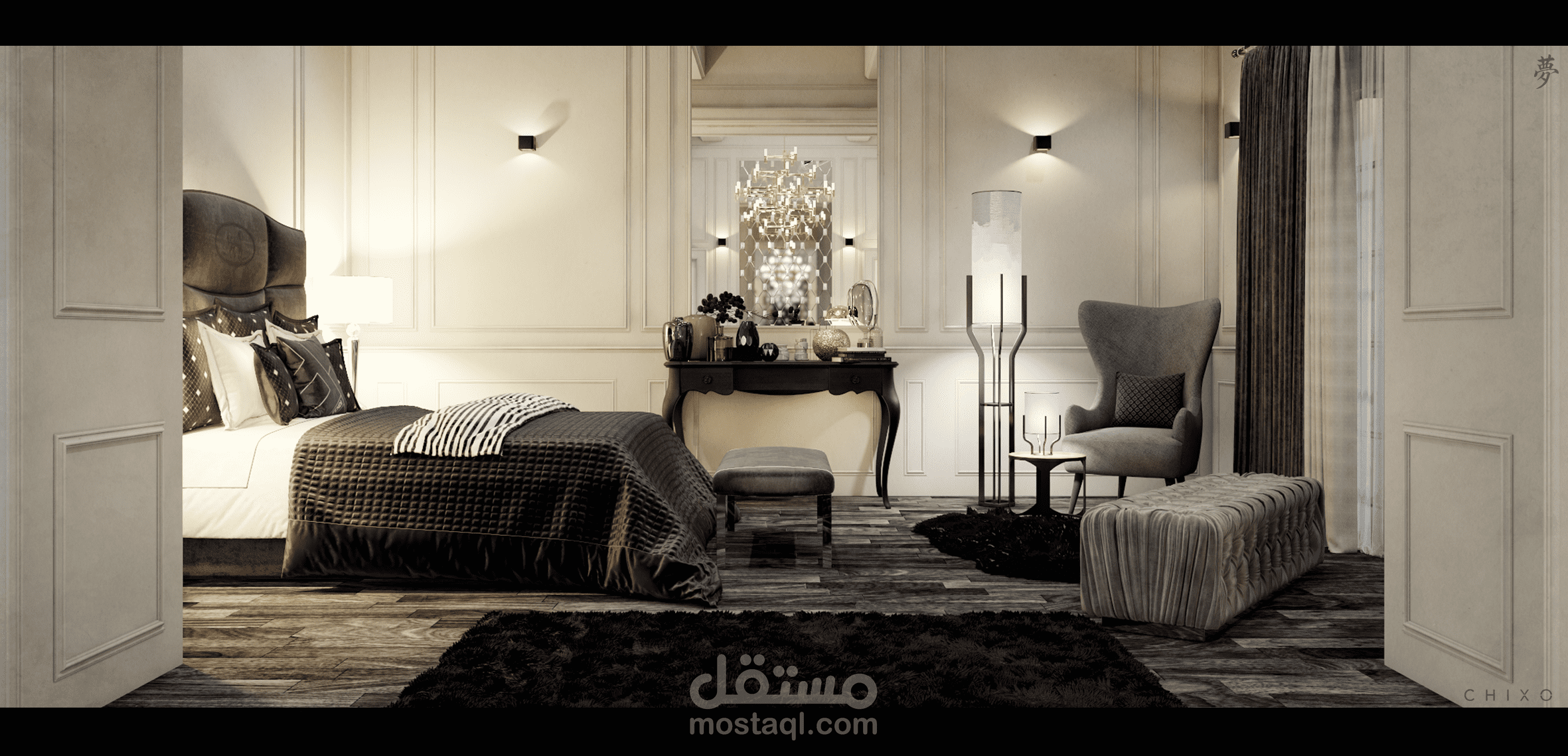 تصميم كلاسيكي هادئ لغرفة نوم (bedroom)